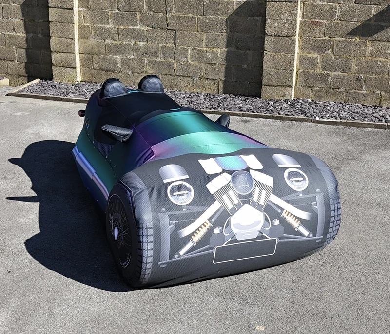 Morgan 3-Wheeler under a bespoke Hero Covers printed cover