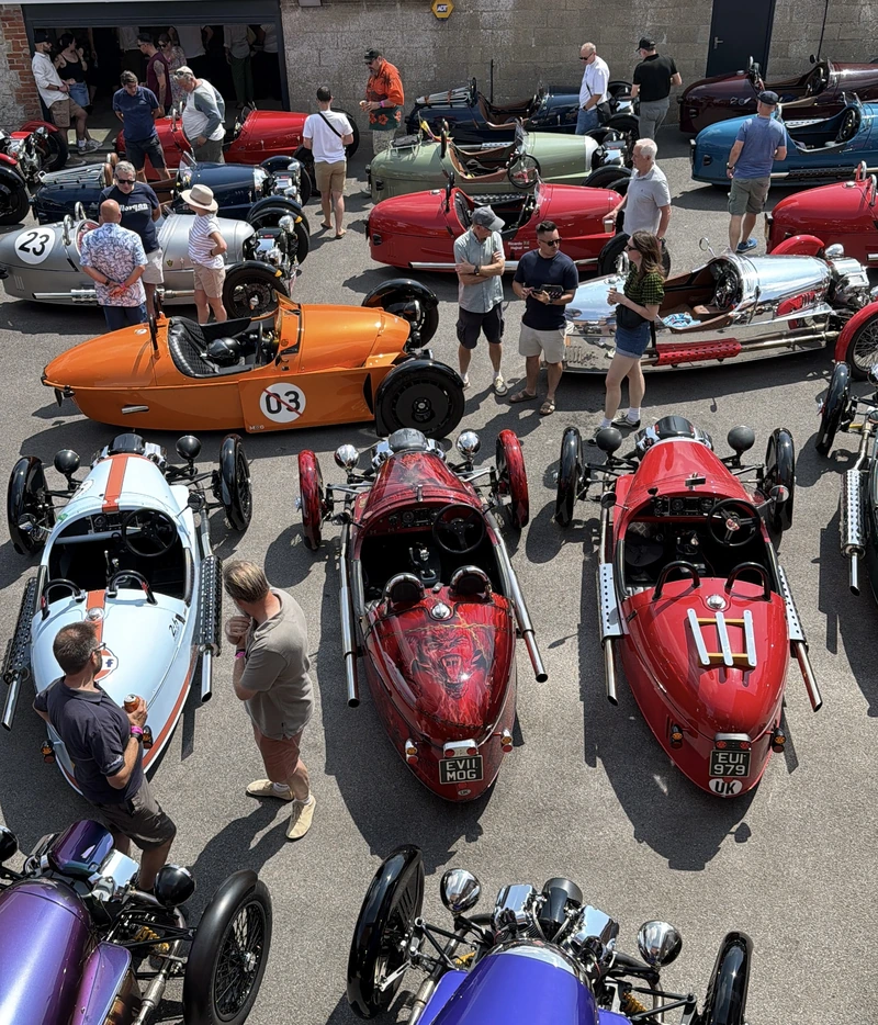 Dozens of Morgan 3-Wheelers lined up at an owners&rsquo; meet