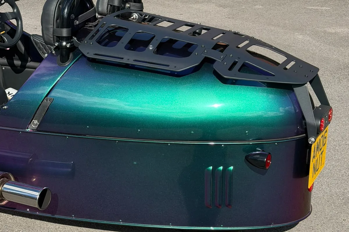 The M3W luggage rack bolted to the rear deck of a Morgan 3 Wheeler