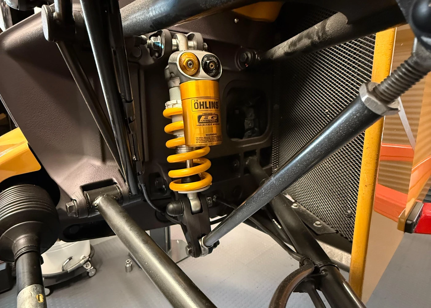 Öhlins suspension unit fitted to a Morgan 3 Wheeler