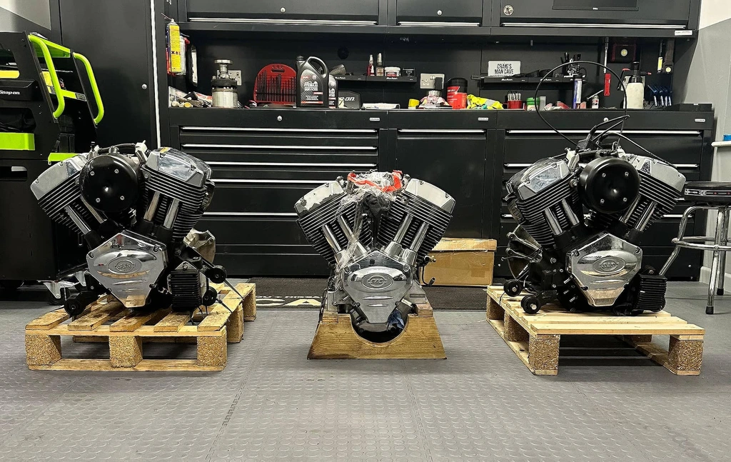 Three S&S V-Twin engines on pallets in the M3W Services UK workshop
